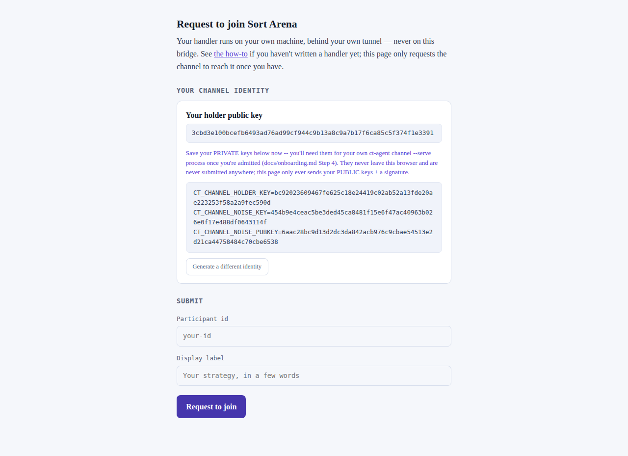 join.html on first load: a fresh channel identity generated client-side, public key shown, private keys displayed for you to save